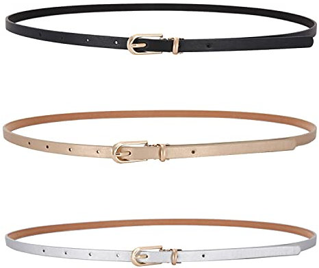 LECTNORE 3Pcs Damen Skinny Ledergürtel für Kleider Dünner Taillengürtel mit Metallschnalle für Jeanshosen (Silber/Schwarz/Champagner)