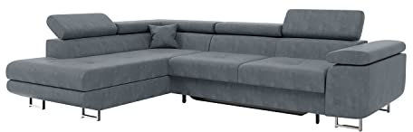 MEBLINI Schlafcouch mit Bettkasten - Ecksofa mit Schlaffunktion - Sofa mit Relaxfunktion und Kopfstützen - Couch L-Form - Eckcouch - Wohnlandschaft - Carl - 272x202x63cm Links - Grau Samt