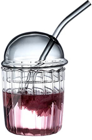 SUREH Bicchieri da bere con coperchio e cannuccia, 425,2 g, bicchieri in vetro a righe, per caffè ghiacciato, cocktail, frullato, tè boba, latte, succo, grigio
