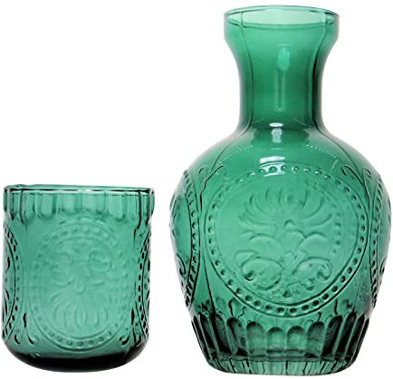 Bedside Water Carafe Glass Set with Tumbler,maxant Vintage Nightstand Glass Carafe 1200ml Glass Pitcher Hot Cold Beverage Water Carafe Water Jug for Bedroom Bathroom Dining and Picnics (Green)