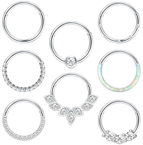 JeryWe 8pcs 16G Conch Helix Piercing Ohrringe Chirurgenstahl Clicker Nasenring Segment Daith Tragus Lippe Helix Nase Piercing Knorpel Hoop CZ Opal Body Piercing Schmuck 8mm