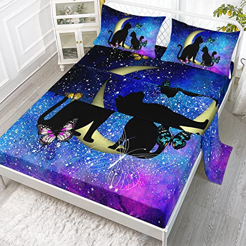 Axolotl Schwarze Katze Bettwäsche-Set mit Cartoon-Katzenmotiv, Schmetterlinge, Monddruck, Kinder-Bettwäsche-Set für Kinder, Jungen, Mädchen, Erwachsene, Teenager, 2 Kissenbezüge, Blau