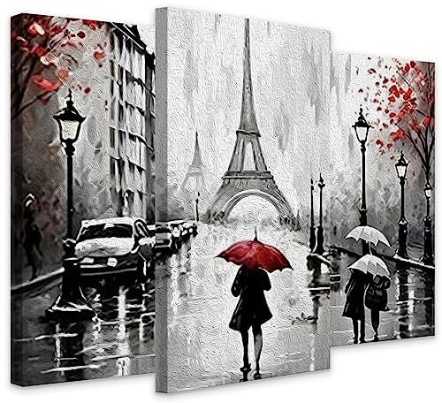 Muralo Wandbilder 3er-Set, Paris, Straße, Menschen, Schirm, Stadtansicht | Leinwandbild, Modernes Design, Aufhängefertig, UV-beständig - ideal für Wohnzimmer und Schlafzimmer, edle Optik