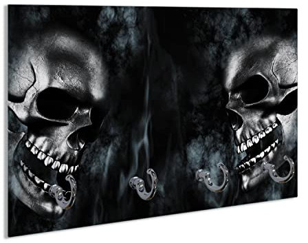 Wallario Handtuchhaken für Bad & Küche aus Glas 30 x 20 cm, Wand Handtuchhalter mit 4 Haken, Motiv: Rauchende Schädel