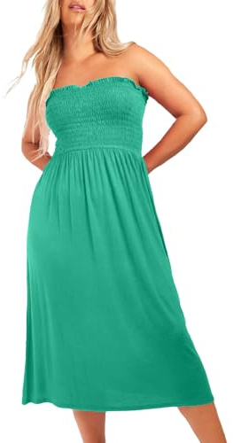 NetSetUK Women's Strapless Sheering Boob Tube Gather Oversized Plus Size Elasticated Bust Bandeau Plain Beach Summer Sleeveless Top Midi Dress for Ladies 8-22