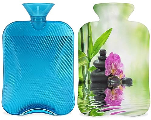 Japan Zen Stone Wärmflasche mit flauschigem Bezug, 2 l, große Kapazität, japanische Blumenflasche, Wasserbeutel für gemütliche Nächte, Linderung von Schmerzen, Rücken, Nacken und Schultern