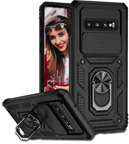 POUHYE Handyhülle für Samsung Galaxy S10 Hülle, [Slide Camera] Hybrid Militärqualität Stoßfest Bumper Outdoor Handyhülle mit 360° Drehbarer Metall Ring Ständer Schutzhülle Case Schwarz