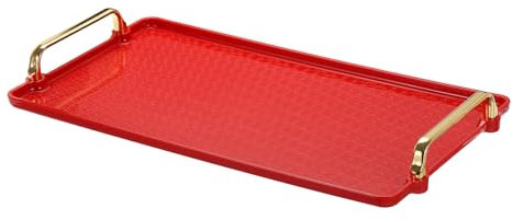 PATIKIL Vassoio Portata in Plastica con Manico Dorato, 41cm x 22cm Vassoio Decorativo Rettangolare Moderno Riutilizzabile Gioielli per Cucina Bagno Appoggio, Rosso