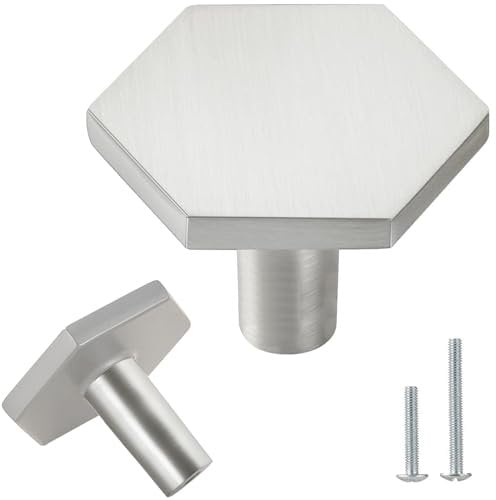 Vandicka 8 Pcs Brushed Nickel Door Knobs - Silver Cabinet Knobs and Drawer Pulls – Hexagon Door Handles for Kitchen Cupboard Dresser Wardrobe, 35 * 26 mm