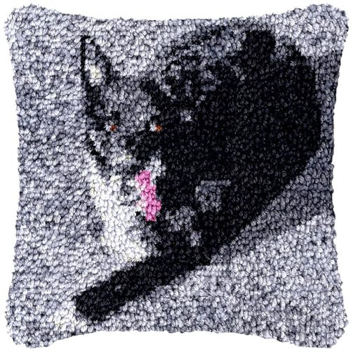 Knüpfhaken-Kissen-Set, Kissenbezug – Diy-Häkelgarn-Set, Stickerei-Kreuzstich-Set Für Anfänger, Erwachsene, Kinder, Haustier, Schwarze Katze, Kissenbezug, Heim-Sofa-Dekoration, Geschenk, 43 X 43 Cm