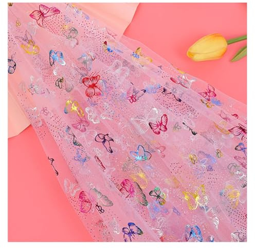 Wisafory 3 M x 150cm Schmetterling Stoff Glitzer Tüllstoff Meterware Tüllband Schmetterlingsmuster Glitzertüllstoff Tüll Dekostoff für DIY Heimdeko Hochzeit Kleid Kostüm Zubehör Hellrosa