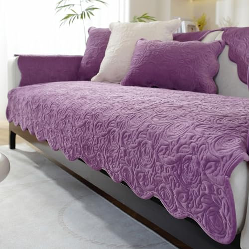 Treer Gesteppt Sofabezug rutschfest, Rosenblume Geprägt Sofaüberwürfe Couch Überwürfe L Form/Ecksofa Sofaschutz 1 2 3 Sitzer Sofaabdeckungen Couch Überzug Sofaschoner (90x120cm,Lila)