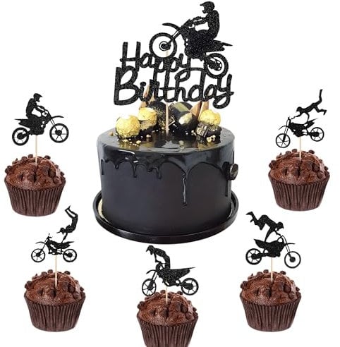 Zercart 26Pcs Motorcycle Cupcake Toppers,Happy Birthday Motorcycle Cake Decoration,Black Glitter Motocross Party Cupcake Topper,for Sports Motocross Theme Boy Birthday Party Cake Decorations Supplies