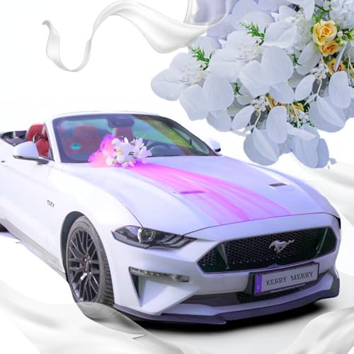 KerryMerry, Autoschmuck Hochzeit, Strauß für die Motorhaube, Hochzeitsdeko, Autoschleife mit Blumen, Wedding Decoration, Just Married