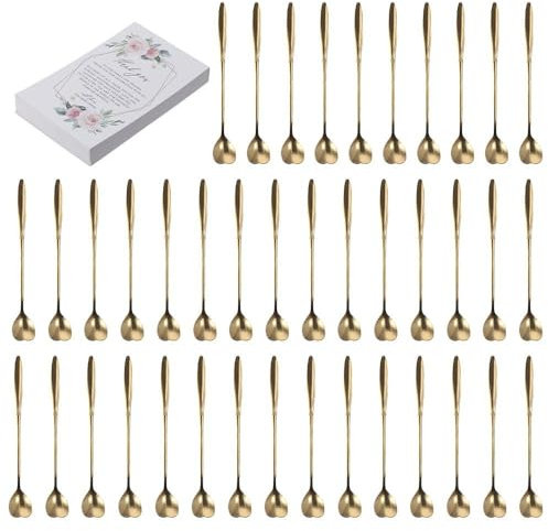 Set di 40 cucchiaini da tè a forma di cuore, color oro, mini cucchiaini da caffè, bomboniere, manico lungo, cucchiaini a forma di cuore, con biglietti di ringraziamento per addio al nubilato,