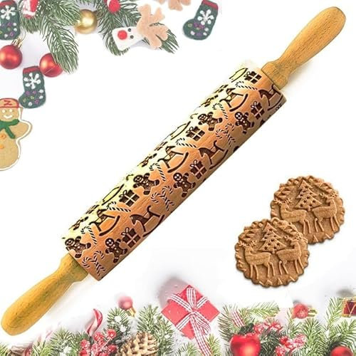 Mattarello in Rilievo Natalizio, FURNSII Mattarello Decorativo di Natale in Legno Ø 4,5 × 39 cm, Mattarelli Decorativi Natalizio Goffrato Rolling Pin per Biscotti Pasticceria (Omino di pan di zenzero)