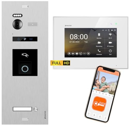 Nonic Balter EVO HD Silber/Weiß Video Türsprechanlage mit Fingerprint Set für 1 Familienhaus (1x Türstation mit Full HD-Kamera, 1x 7 Zoll WiFi Monitor, 2-Draht Bus, RFID, 175° Weitwinkel, APP)