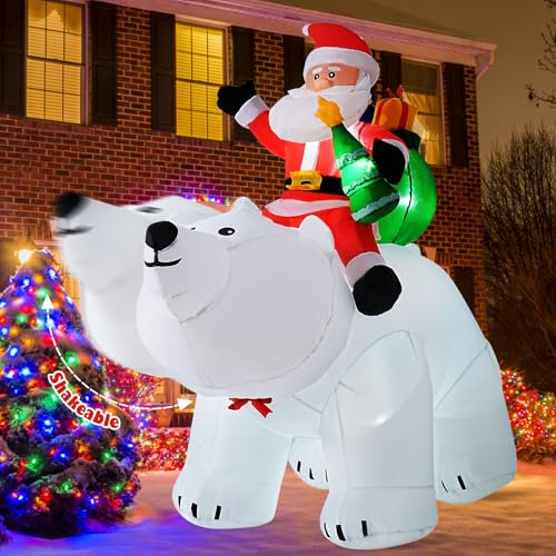 5.6FT Aufblasbare Weihnachtsdeko Außen Aufblasbarer Weihnachtsmann, Aufblasbarer Reitender Eisbär Weihnachtsmann Mit Schüttelndem Kopf & LED-Licht, Aufblasbare Weihnachtsdekoration für Innen, Garten