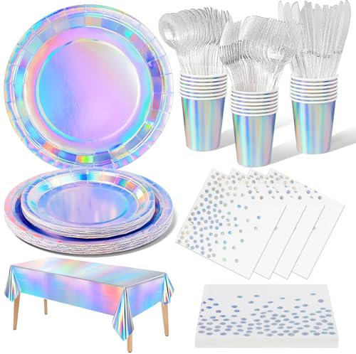 Nkaiso Paper Plates Napkins Cups Set, 141 Pieces Coloured Silver Kids Birthday Party Tableware Reusable Party Supplies Set Includes Paper Plates Napkins Reusable Cutlery -20 Guests