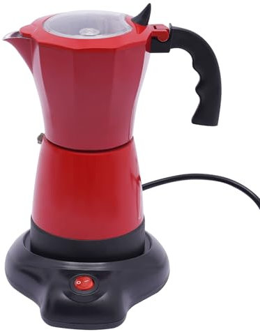 RjcdOPL Cafetière Électrique Italienne avec Base, Pour 6 Tasses à Espresso, 300 ml, 480 Watts, Alliage d'aluminium, Rotation à 360°, 10.2 x 19.5cm (Rouge)