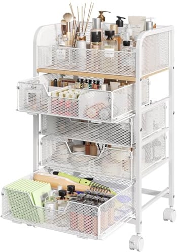 Hongtamoya Makeup Cart Organizer with 4 Drawers, Large Floor Skincare Organizers, Vanity Storage Organizer Cosmetics Display Cases for Skin Care Perfume Nail Polish, White (Patent Pending)