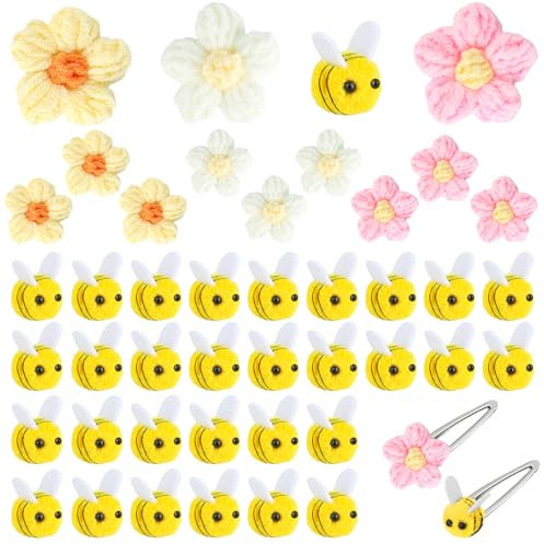 GHVACZS 52 Stück Filz Bienen Deko, 40 Stück Biene Deko mit 12 Häkelblumen, Mini Bienen Kostüm Accessoires für Handwerk DIY Dekoration, Kleidung Dekorationen