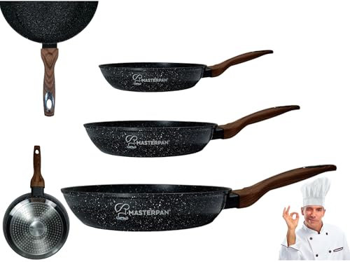 MASTERPAN Set di 3 padelle con rivestimento marmorizzato, nero 20/24/28 cm