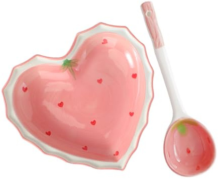 UTHCLO Bol Céramique Cœur avec Cuillère Motif Fraise Ensemble De Vaisselle Kawaii Porcelaine pour Dessert Salade Et Snack Vaisselle Décorative Élégante pour Dîner Charmant
