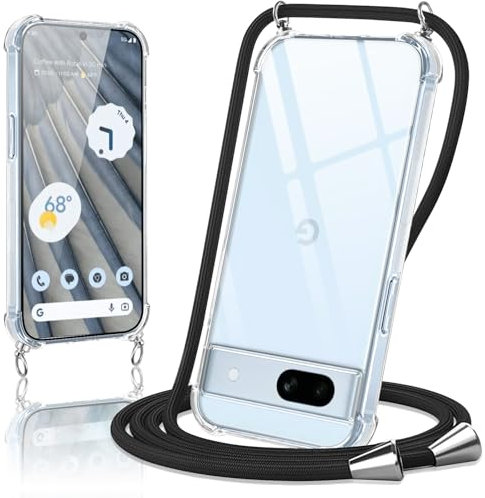 Oelrstfe Handyband Hülle mit Band für Google Pixel 7 A, Necklace Handyhülle mit Kordel Schutzhülle für zum Umhängen, Transparent TPU Case Stoßfest Kratzfest Silikon Cover mit Kette, Schwarz