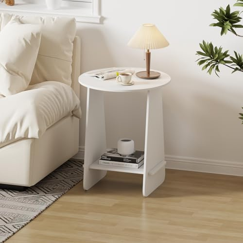 Rainbow Tree 45cm Round Coffee Table with Storage Shelf for Living Room&Apartment, Wooden Side Table Bedside Table (White with Storage Shelf)