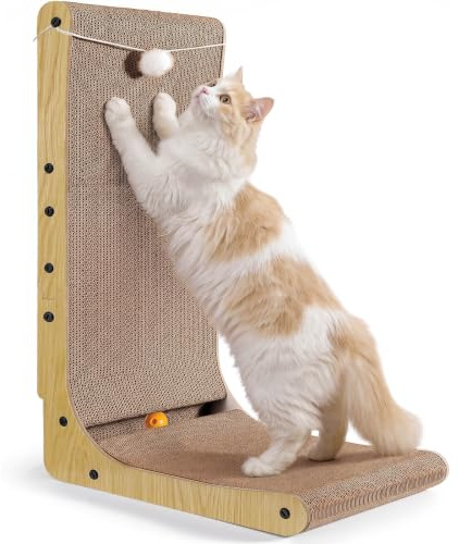 Gimars Rascador de Gato Grueso en Forma de L de 68 cm, Tabla de rascar con Bolas de Felpa y Hierba gatera, rascador de cartón de Gran tamaño montado en la Pared, Juguetes para Proteger Muebles