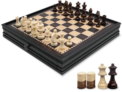 Sihaiyuan Wooden Chess Set Magnetic – 2-in-1 Chess Board Game 32cm, Solid Wood Drawer-Style Chess Board, 34 Staunton Pieces for Adults & Kids (Dark Ebony 32cm)
