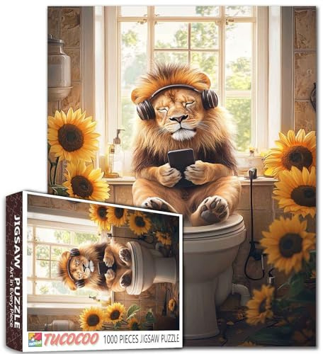 Löwe im Bauernhaus-Badezimmer 1000-teiliges Puzzle Teenager Erwachsene Wanddekoration 27 x 20 Zoll Herausfordernde Familienaktivitätsspiele Buntes DIY-Bastelpuzzle für Wohnkultur Geschenke