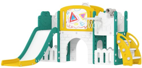 AIYAPLAY Toboggan pour Enfant 7 en 1 avec Panier de Basket 1-3 Ans Jaune | Télescope, Rangement, Tunnel, Escalade, Tableau de Dessin, Aire de Jeux Intérieur et Extérieur, pour Garçons et Filles