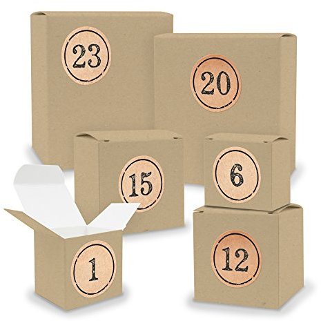 DIY itenga Adventskalender Set V02 zum Selberbefüllen 24 Schachteln Quader und Würfel gemischt BRAUN Kraftkarton + ZahlenSticker (Motiv Z11 beige Stempeldesign)