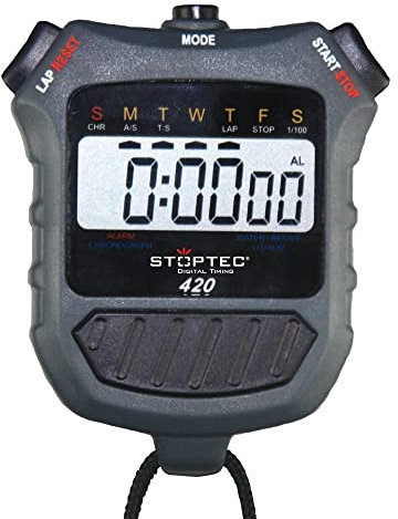 Stoptec Stoppuhr 420 - Digital Profi Stoppuhr mit Druckpunktmechanik | einfacher Batteriewechsel | Uhrzeit & Datum | spritzwasserfest