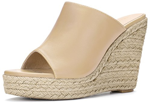 Allegra K Women Slip on Platform Espadrilles Wedges Slides Mules Sandals | PU vamp, TPR outsole. Padded insole for comfort. Party, Office, Casual. 4 3/8-inch heel height
