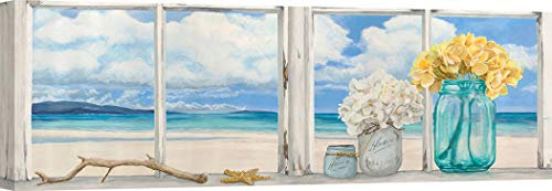 ART PRINT CAFE' – Quadro - Stampa su Tela – Remy Dellal, Finestra sul Mare con Fiori – 100x35 cm