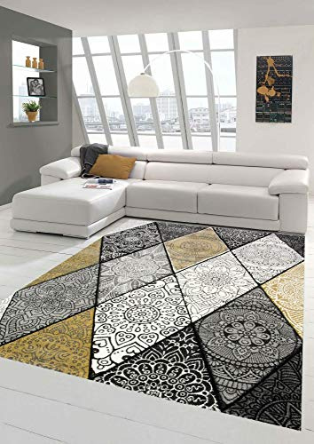 Teppich modern Teppich Wohnzimmer Rauten mit Ornamenten in grau senfgelb Creme Größe 80x150 cm
