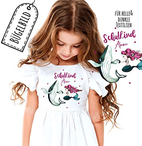Bügelbilder zur Einschulung Wal mit Meerjungfrau & Wunschname Schulkind Applikation Kissen Shirt Taschen Bügelbild Bügelmotiv Patch in A5 bb175 ilka parey wandtattoo-welt®
