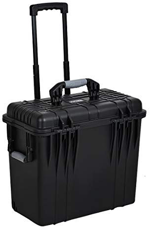 MEIJIA Waterproof Rolling Protective Case with Retractable Pull Handle and Wheels, Foam Inserted, Elegant Black, 16.93x9.61x13.42 inches