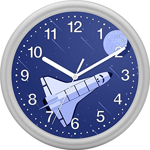 Eurotime Wanduhr für Jungen mit Rakete Space Shuttle, Silber, Quarzwanduhr, 25 cm, Kunststoffgehäuse und Kunststoffglas, 12-Zahlen Zifferblatt, geräuscharme Uhr, kein Ticken, 82135-07