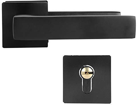 Modern Square Lock Set Handleset,Exterior Door Handle and Deadbolts Set,Adjustable Simple Black Lock Cylinder Handle Set Keyed‑Locking Door Knob Accessory