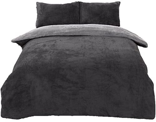 Brentfords Reversible Teddy Fleece Duvet Cover with Pillow Case Supersoft Fluffy Thermal Warm Soft Bear Bedding Set, Charcoal Silver Grey - Superking