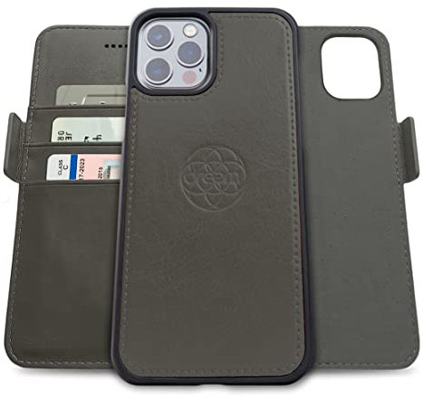 Dreem Fibonacci 2in1 Handyhülle Flipcase für iPhone 12 Pro Max | Magnetisches iPhone Case | TPU Etui Lederhülle Schutzhülle, RFID Schutz, Veganes Kunstleder, Geschenkbox | Grau