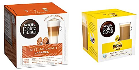 Nescafé Dolce Gusto Latte Macchiato Caramel - Café Gourmand - 96 Capsules (Pack de 6 boîtes x 16) & Ricoré Latte - Café - 96 Capsules (Pack de 6 boîtes x 16)