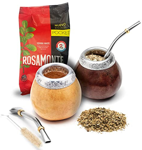 BALIBETOV Yerba Mate Set - 2 Gourds, 2 Bombillas, 1 Cleaning Brush, 100gr Loose Leaf - Dark Brown