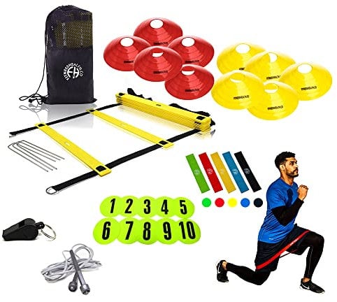 Fitness Health – Speed & Agility Athlete Training Set, Mixed Coloured Sport Cones, Agility Ladder and Non slip numbered flat disc, Skip Rope & Colourful Resistance Band complete with Cone Strap