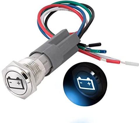 16 mm Momentan Metall Kugelkopf Push Button Schalter mit Batterie Symbol 5 stifte Wasserdicht Zurücksetzen Druckschalter 12V 24V mit Kabelbuchse und blaues Licht