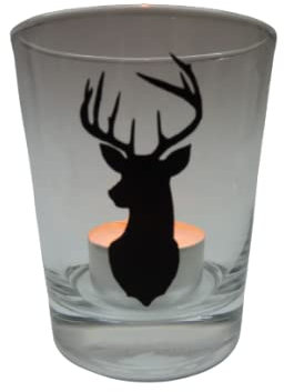 Lichtidee Teelicht Glas Windlicht Tischlicht Print mit Hirsch schwarz Handmade Unikat Ostern Muttertaggeschenk, Höhe 8cm,